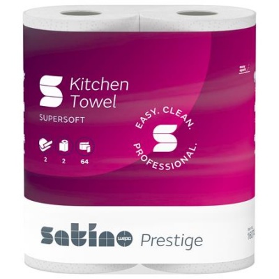Kéztörlő, 2 rétegű, 2 tekercses,  64 lapos, "Satino Prestige", fehér